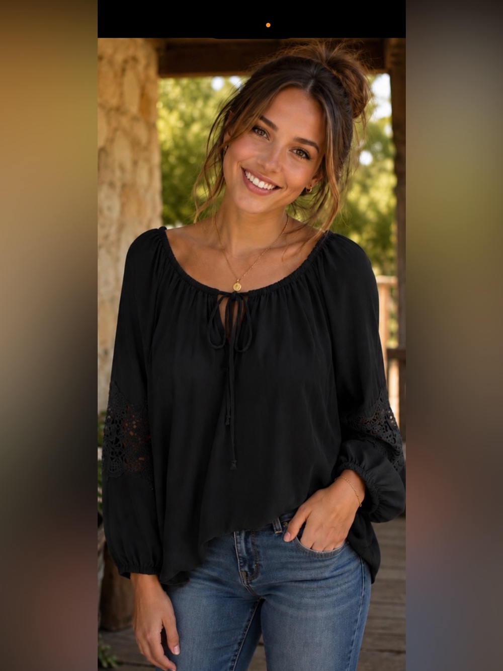 Panhandle Ladies Lace Sleeve Fashion Top - Black Large EUC